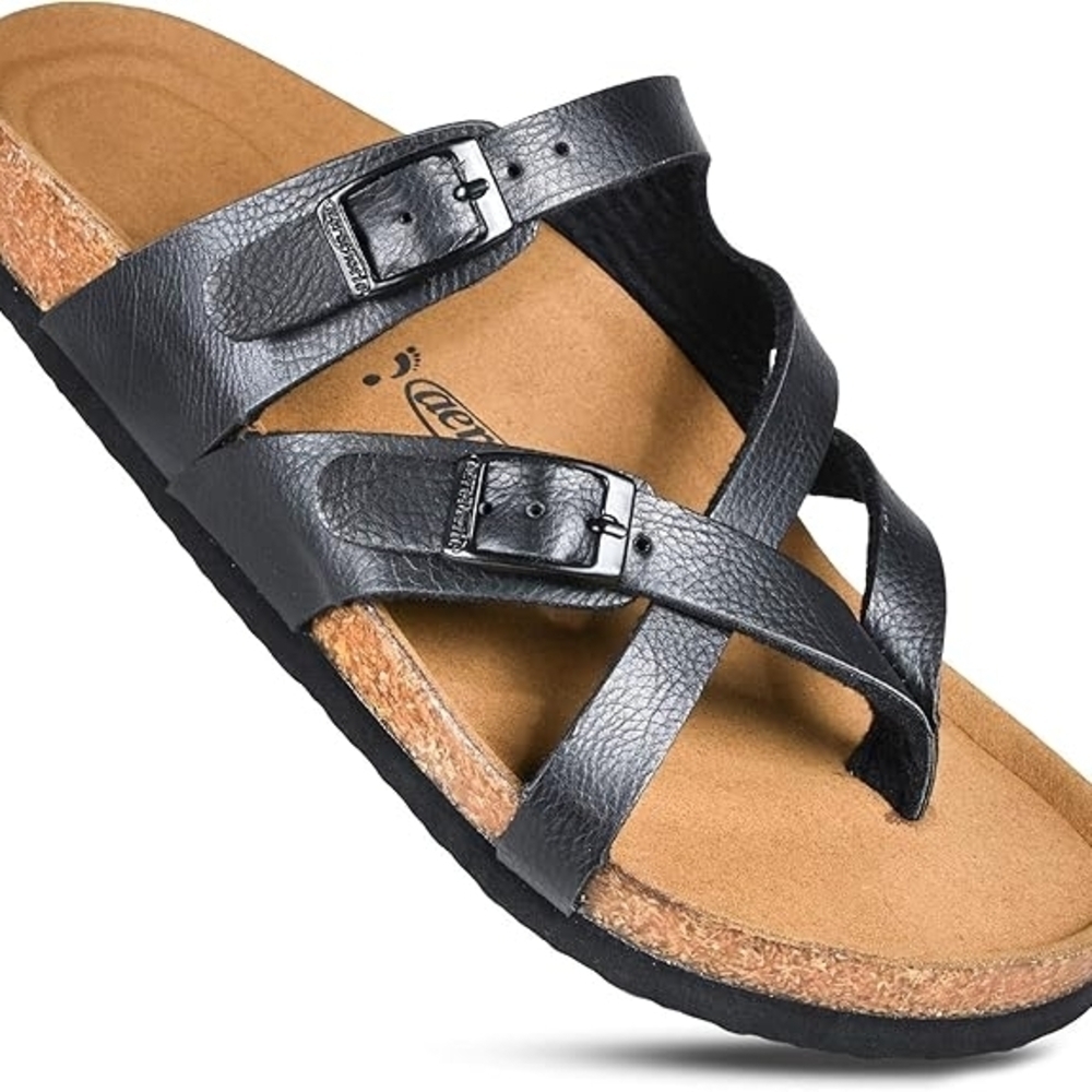 Aerothotic Women's Celestis soft footbed strappy slide sandals Sz 38 black New